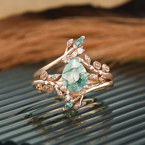 Solid gold moss agate ring set, Double Curved diamond Enhancer  Guard Wedding Band, Curved matching engagement ring, Jacket Band bridal ring