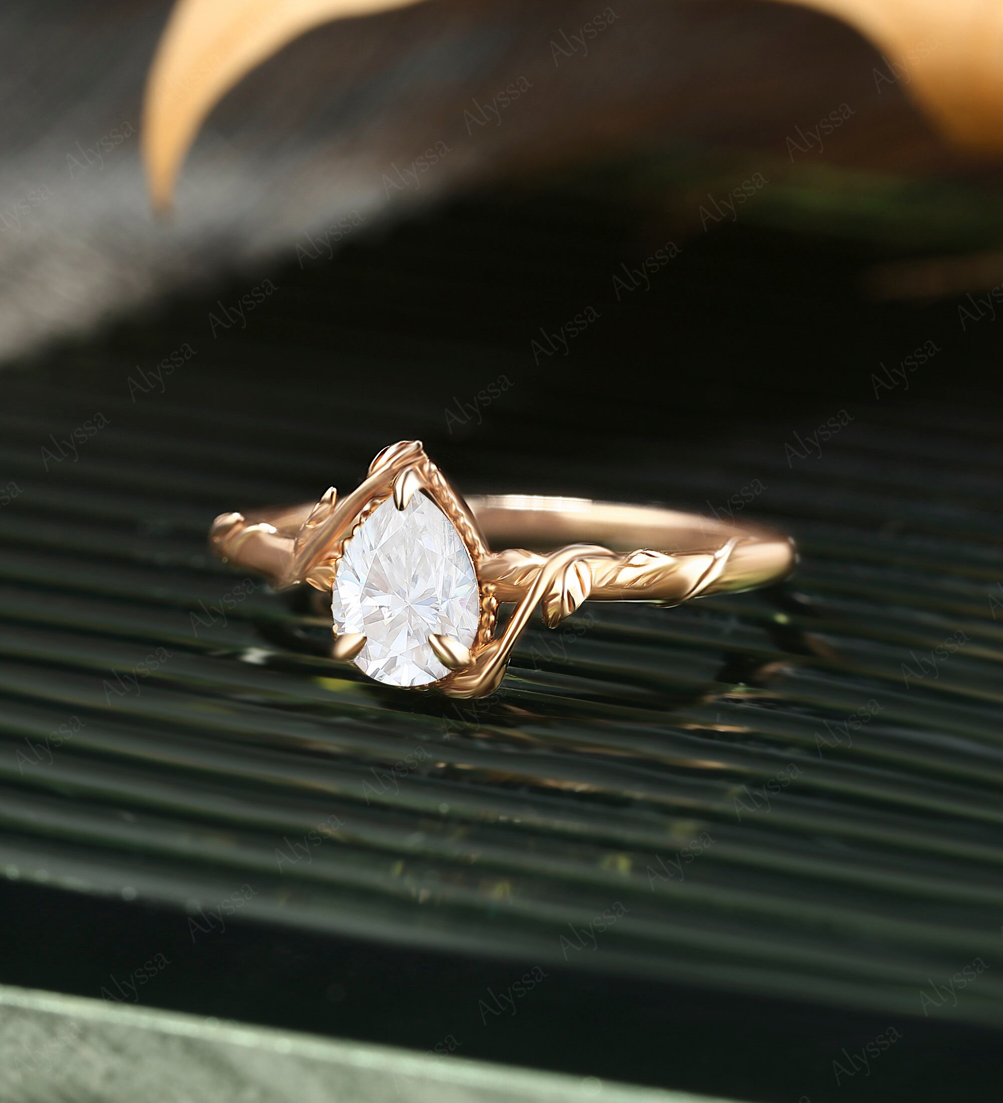 Pear Shaped Moissanite Engagement Ring Unique Rose Gold Solitaire