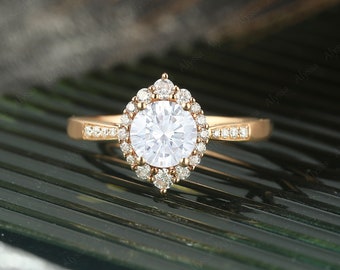 unique moissanite Engagement ring Vintage engagement ring Rose gold art deco diamond halo stacking band promise bridal gift for women ring