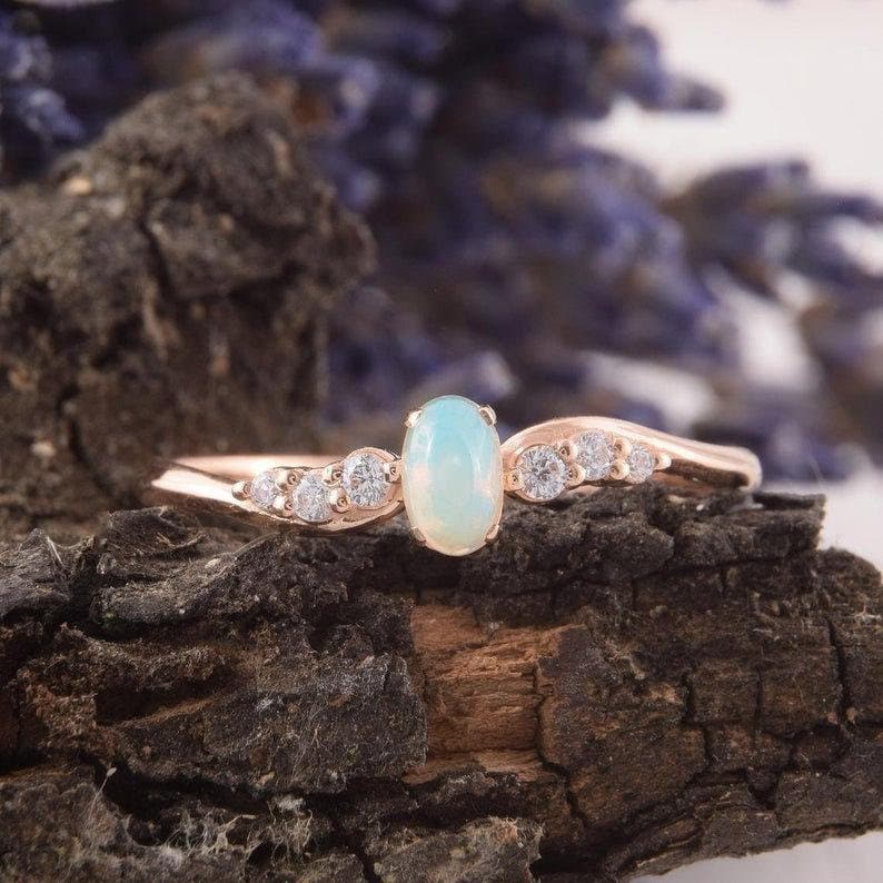 Engagement Ring Stacking Ring Opal Ring Opal Promise Ring. Opal Birthstone Ring Opal Wedding Band Opal Art Deco Ring Mothers Day Gift