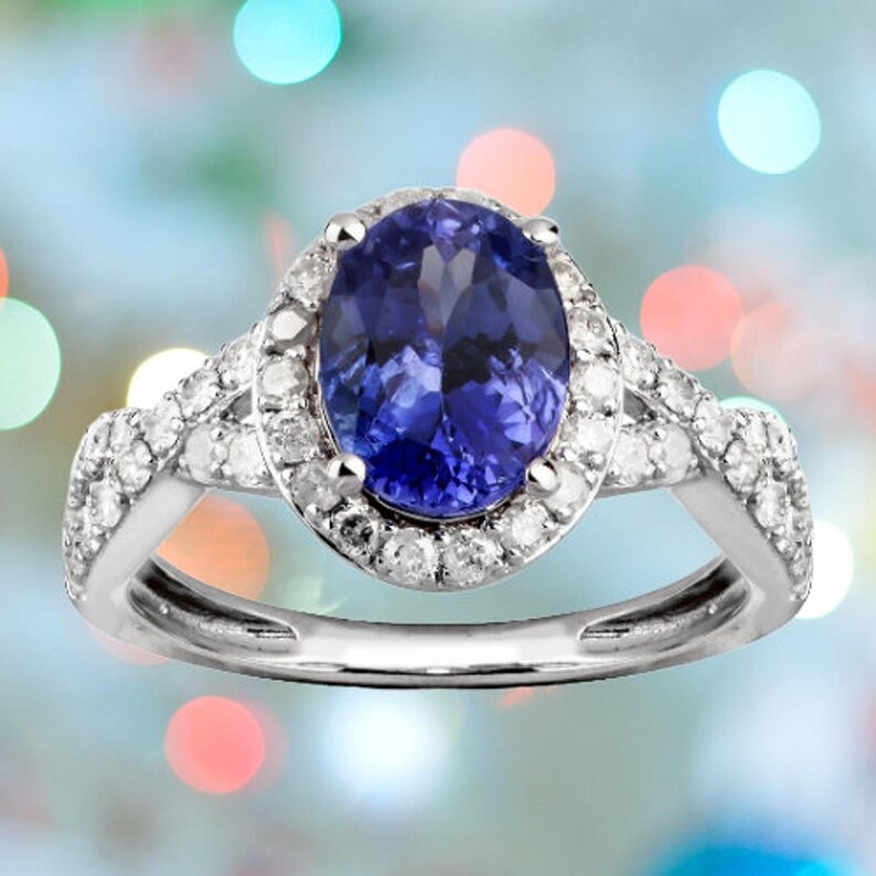 Wedding Gifts Christmas Ring Engagement Ring Tanzanite With Diamond 925 Sterling Silver Ring New Year Gift for Her. Handmade Ring