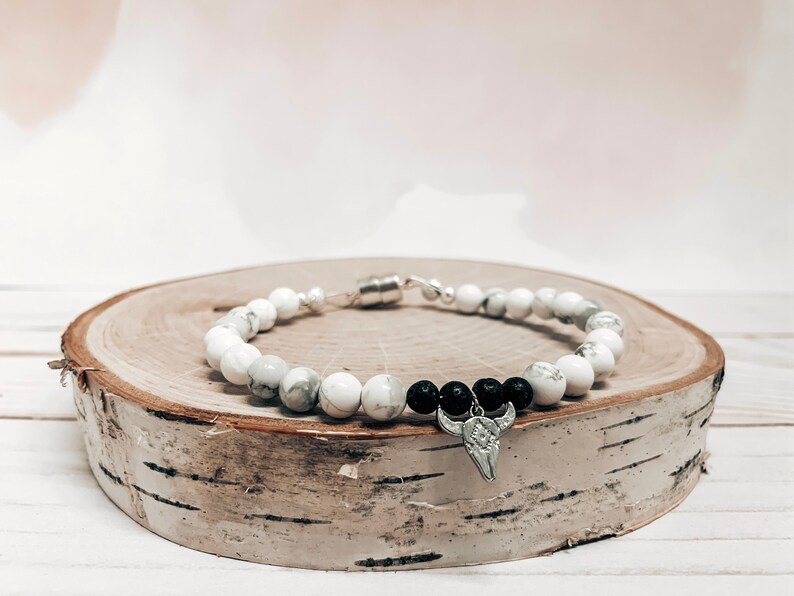 bull skull silver pendent minimalistic bracelet Howlite and lava rock simple defuser beaded bracelet