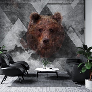 Orso Wallaper, Animale, Murale autoadesivo. Arte geometrica, arte mistica, etnic. Wallaper strutturato, rimovibile. Seppia, grigio. Carta da parati della fauna selvatica.
