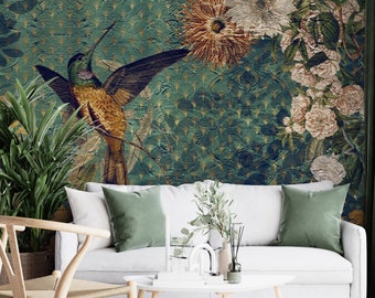 Blommig kolibri-tapet, vintage botanisk vinylväggdekoration