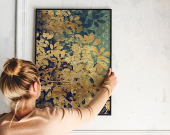 Elegant print, poster with golden leaves on green background. Wall art for bathroom, livingroom, office, sleepingroom.