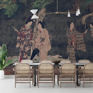 Carta da parati giapponese, murale Geisha. Carta da parati autoadesiva, testurizzata, vintage. Carta da parati Art Déco.