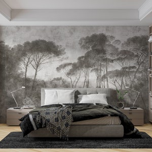 Forest wallpaper vintage, tree mural, self adhesive, concrete elegant woodland scenery wall, landscape wall art. Livingroom or bedroom.