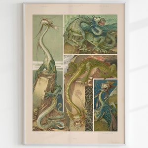 Stampa artistica vintage con draghi. STAMPA ARTISTICA decorativa, Anton Seder. Grottesco, muro di arte fantasy, poster.