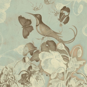 Carta da parati floreale vintage con Humming-bird. Carta da parati autoadesiva blu e seppia. Murale strutturato per la camera da letto e il soggiorno.