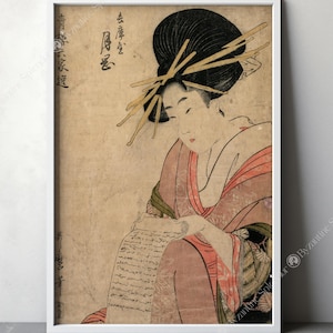 Arte mural japonés antiguo. Lámina artística con una geisha leyendo una carta. Reimpresión del siglo XIX. Póster antiguo, elegante decoración de pared.