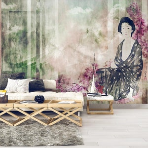 Mural de gueixa japonesa, papel de parede adesivo para parede.