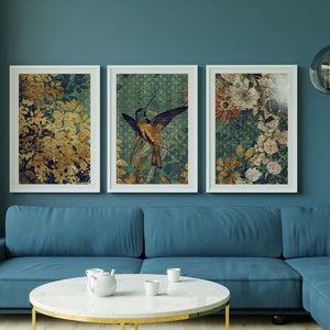 Conjunto de 3 impresiones. Póster Vintage con Colibrí, panes de oro, flores. Impresión de arte mural de alta calidad. Color verde y dorado.