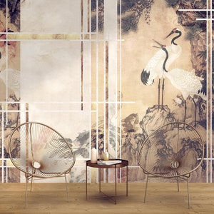 CRANE WALLPAPER, Landscape Wall MURAL, Japanese Wallpaper, Wallpaper with Birds, Heron Vinyl Chinese Canvas Self Adhesive Wallpaper