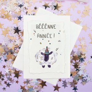 Bêêêne Année! ı Peinte à la Main Individuellement ı Carte Drôle Nouvel An/Jour De L'an ı Temps des Fêtes Quebec Français Mouton