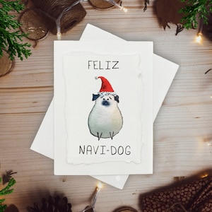 Feliz Navi-Dog (carlin) ı Peint à la main Individuellement Aquarelle Vierge Drôle Carte de vacances / Noël