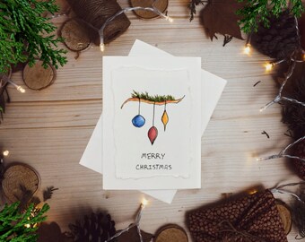 Merry Christmas (Ornaments) ı Hand painted Individually Watercolor Blank Holiday/Christmas Card