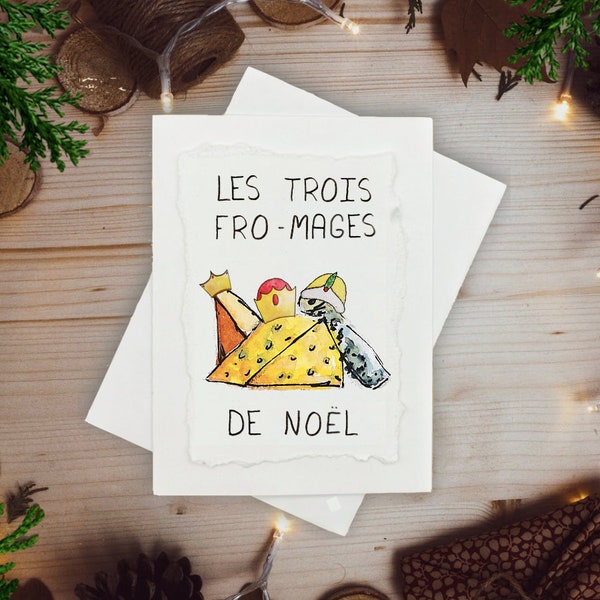 Les Trois Fro-Mages de Noël ı Carte Drôle Noël Quebec Français ı Les Rois Mages de la Crèche de Noël ı Peinte à la Main Individuellement