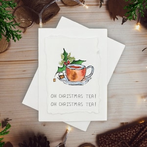 Oh kerstthee! - Grappige handgeschilderde aquarel kerstkaart - Unieke kerstwenskaart - Humoristische winterkaart