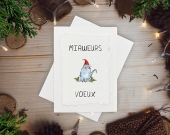 Miaweurs Voeux ı Peinte à la Main Individuellement ı Carte Humoristique de Chat de Noël du Québec in English