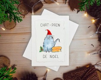 Chat-Pain De Noël ı Peinte à la Main Individuellement ı Carte Humoristique de Noël du Québec en Français