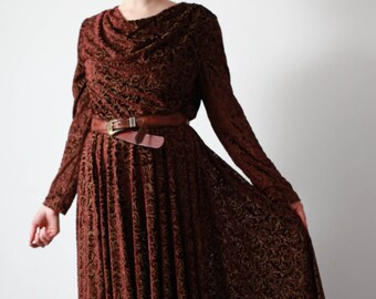 90/'s Vintage Forest Green Crushed Velvet Grunge Dress Gothic Long Sleeve Full Length Dress Modern Witch Dress Size Large