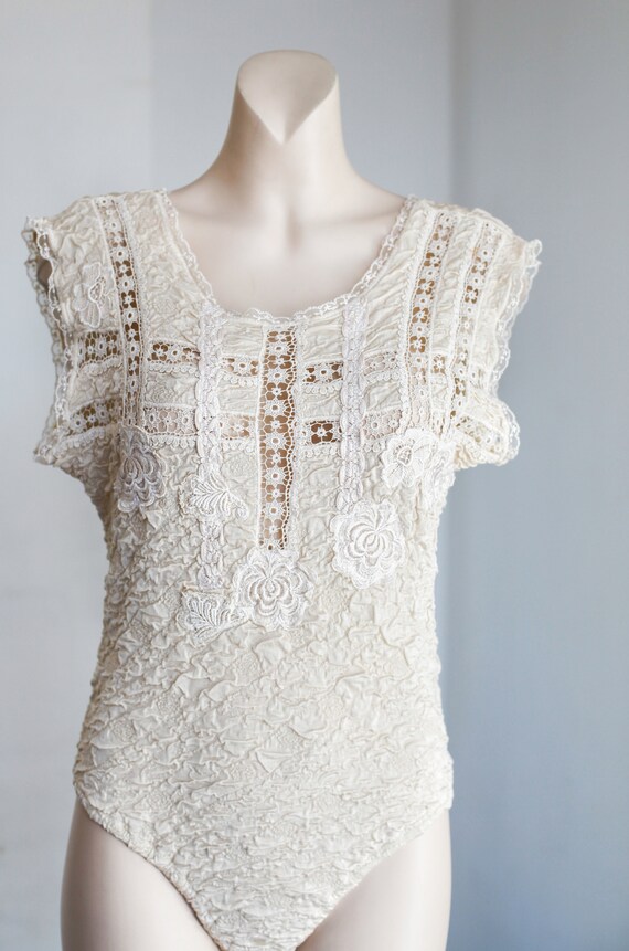Vintage lace bodysuit, beige white bodysuit, flora