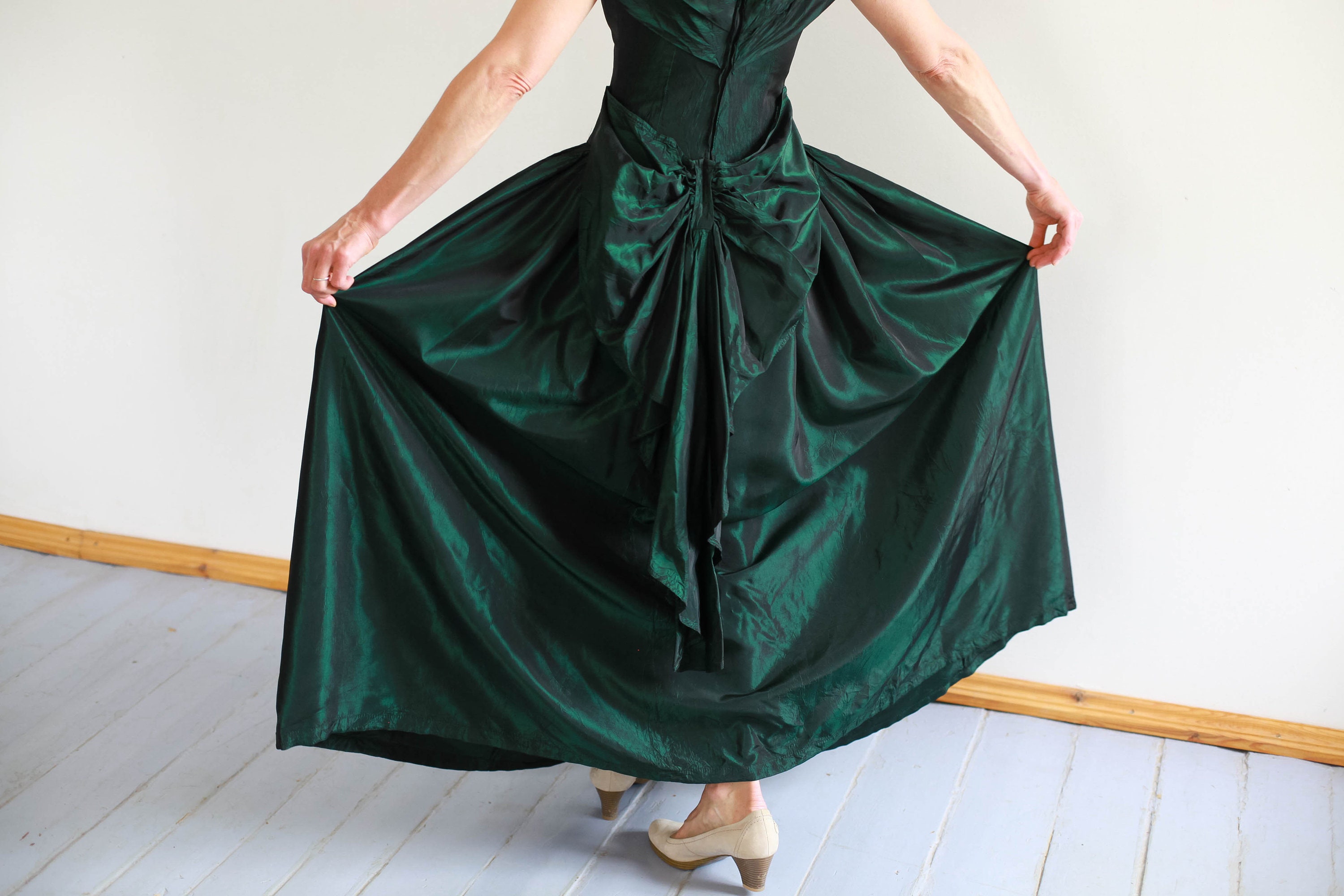 Vintage Gown Big Bow Bridesmaid Prom Emerald Green