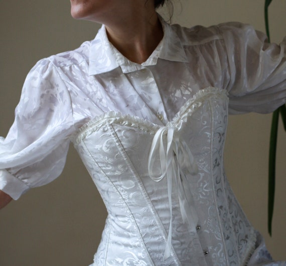 Vintage white Victorian corset, embroidered boned,