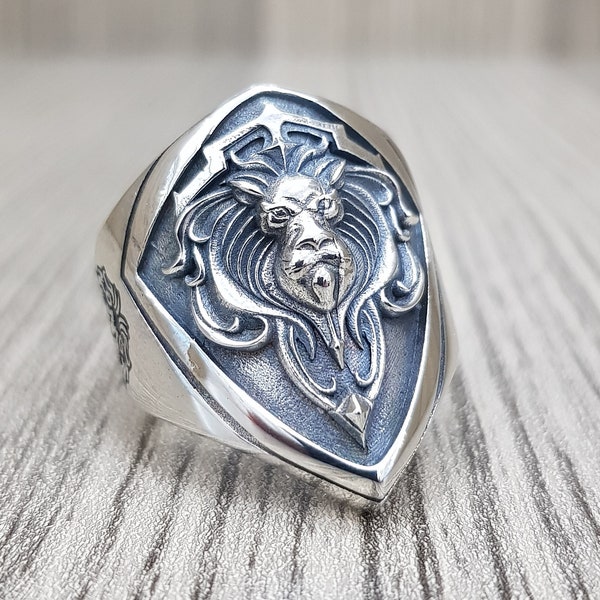 World of Warcraft Alliance King Lane Lion's Heart Ring, 925 Sterling Silver Handmade Finished 3d Lion Head ,Hight Polished Shiny ,Lion Head