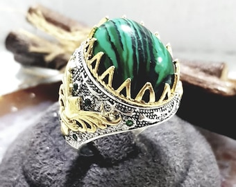 925 Sterling Silver  Men Silver Ring,Silver Men's Ring With A Malachite Stone Handmade Engraved Men's Silver Ring, Turkish Silver Ring