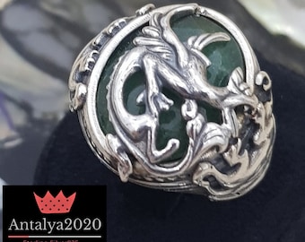 Dragon Ring Pirates of the caribbean ,Green Agate Gemstone Ring 925 Sterling Silver-Men's-Unisex Solid Silver ,captain Jack Sparrow Style