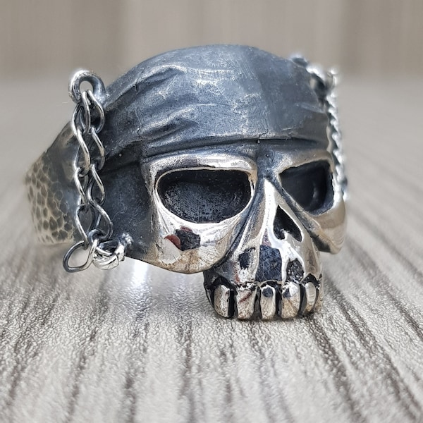 SILVER 925 Bandana Chain Jack Sparrow Skull Ring Pirates Of the caribbean Johnny depp,