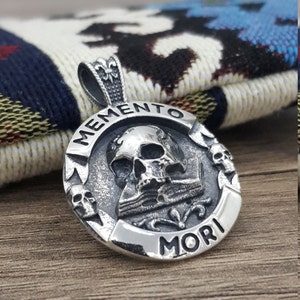 Memento Mori Skull Handmade 3D Pendant Solid Sterling Silver 925- Hourglass Angel Wing Skull Time Runs Out  fleur de lys