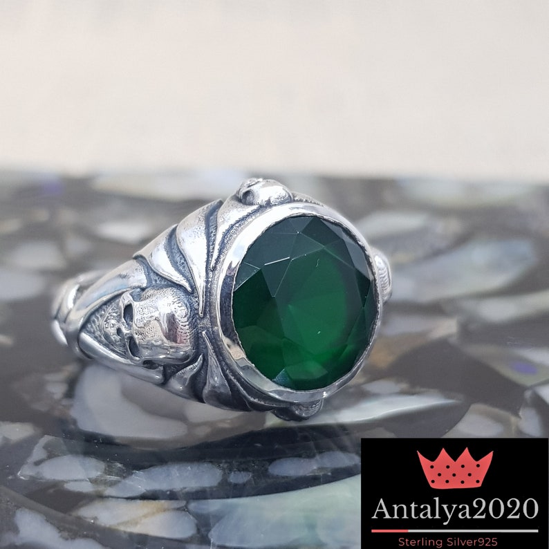 Johnny's Captain Jack Sparrow, Emerald skull Ring Sterling Silver .925 Pirates of the caribbean Johny depp,Pirate Skull 3D Ring,Men's Women image 7