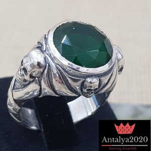 Johnny's Captain Jack Sparrow, Emerald skull Ring Sterling Silver .925 Pirates of the caribbean Johny depp,Pirate Skull 3D Ring,Men's Women image 1