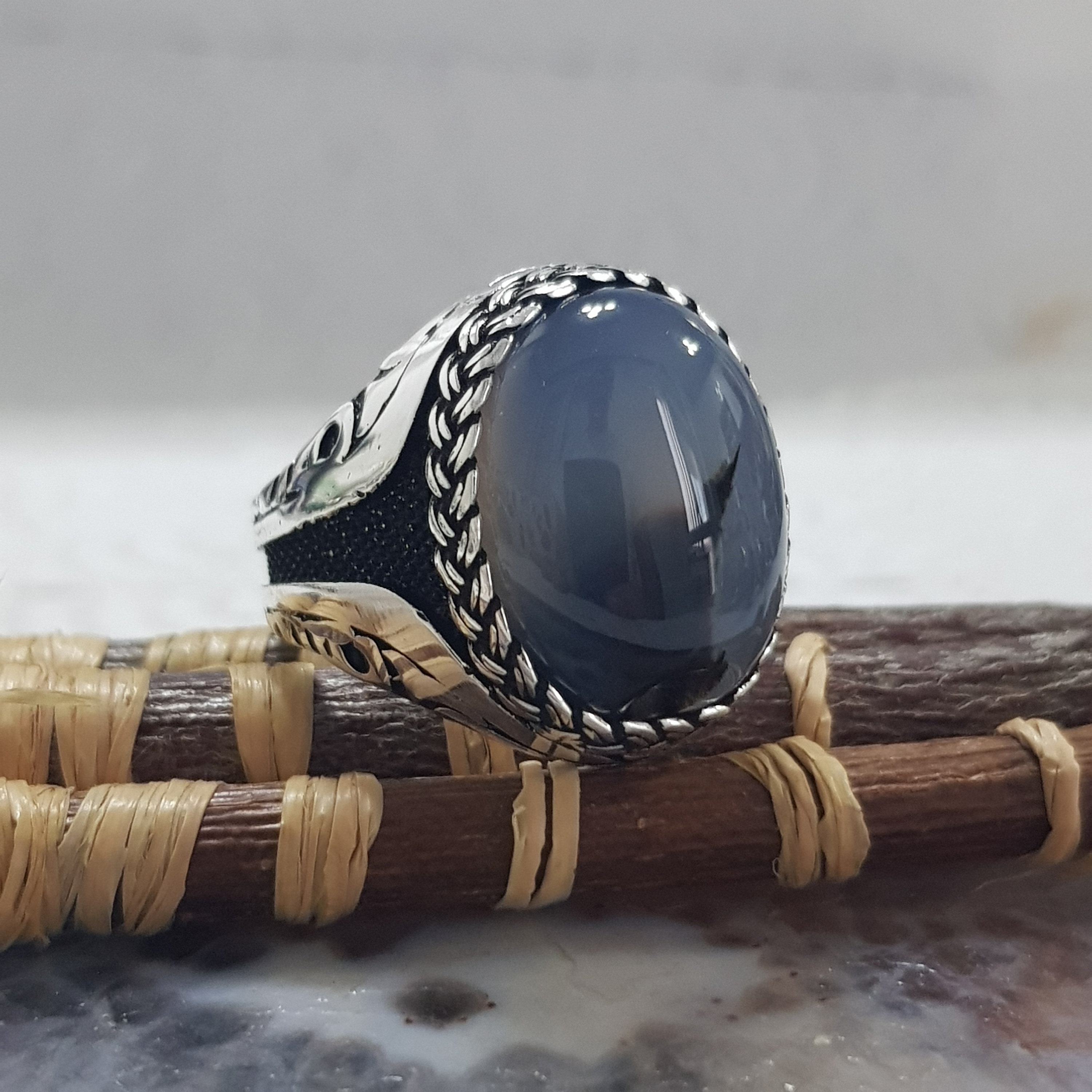Men s GRAY Agate Gemstone Men s Ring Gray Black Agate Stone Oval