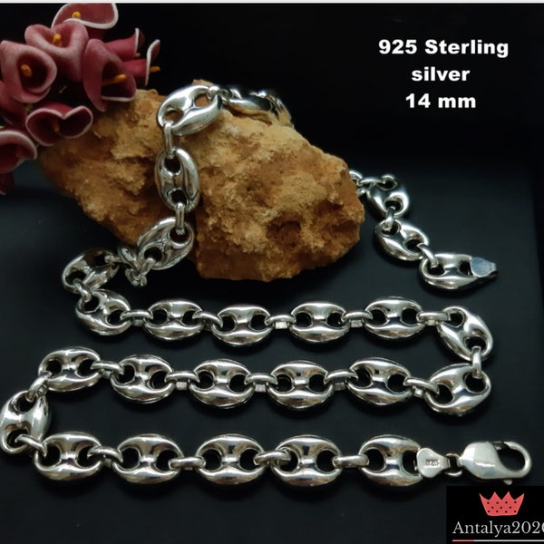 14 mm  925 Sterling Silver Puffed Anchor Mariner Link Chain Necklace, Anchor Mariner, 925 Sterling Silver Chain Necklace Thick width 14 mm