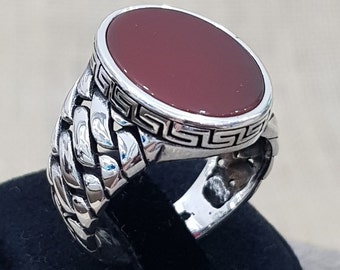 925 Silver Aqeeq Greek Key pattern Sterling Silver mens ring with Agate stone 