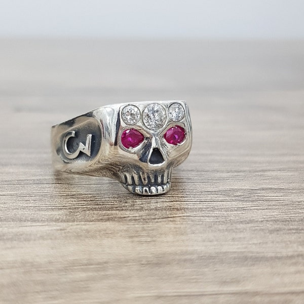 Jim Skull Ring Johnny Deep Style ,Ruby Eye Cubic Zirconia JIM Ring ,Iced Out Shiny Stone And Excellent Quality Original 925 Sterling Silver