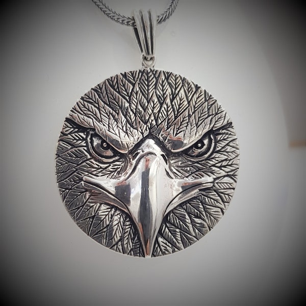 Men's Fine Silver Eagle Tag Necklace with Sterling Silver Foxtail Link Chain 22''55 cantimeters - Large size 40mmX 45mm