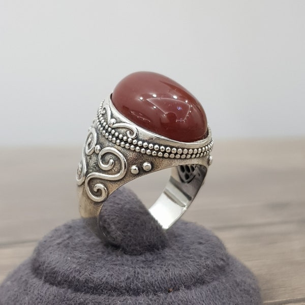 Brown Agate Gemstone Ring, Oval Aqeeq Gemstone Ring, Sterling Silver 925 K  Vintage Style  Ring,Men Silver Jewelry, Anniversary Gift for Him