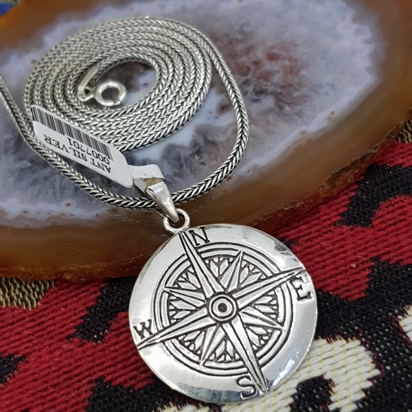 Compass Pendant, Compass Necklace, Solid Sterling Silver 20''  Foxtail Chain, Men's, Pendant, starburst pendant , Gift For Guy, Nautical