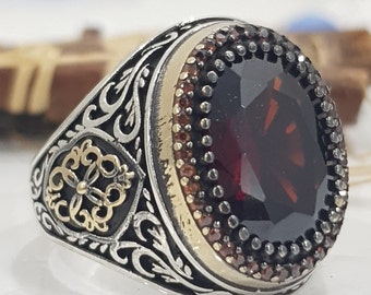 Solid 925 Sterling Silver Red Garnet Gemstone Men Ring Handmade Turkish Style Sword Side Figure