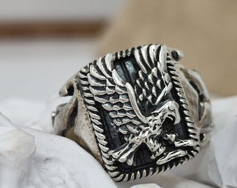 BLACK ONYX Gems Stone Sterling Silver Eagle Ring, Oxidized Fantastic Ring, Jewelry For Men's Signed Ring  Best Gift For Her