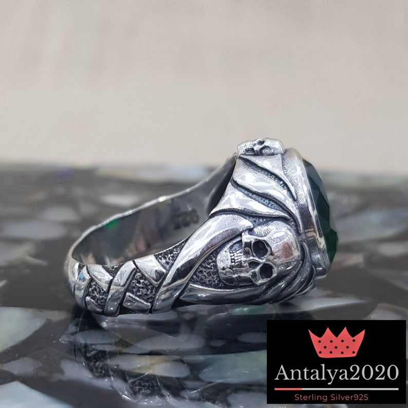 Johnny's Captain Jack Sparrow Emerald skull Ring, Sterling Silver,925 Pirates of the caribbean Johny depp,Pirate Skull 3D Ring,Men's Women immagine 6