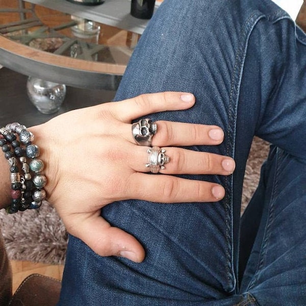 Johny Deep,Captain Jack Sparrow ,Skull Bandana Bone Ring,925 Sterling Silver,Men's Women Girl's Boy's ,Rock Style Ring