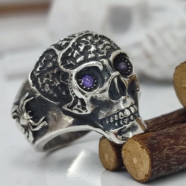 Purple Eyed Skull Biker Ring- Gotic Men's Ring,Sterling Silver Purple CZ Skull Ring - side Crab Pattern- Crap Ring Men's Gift For Him