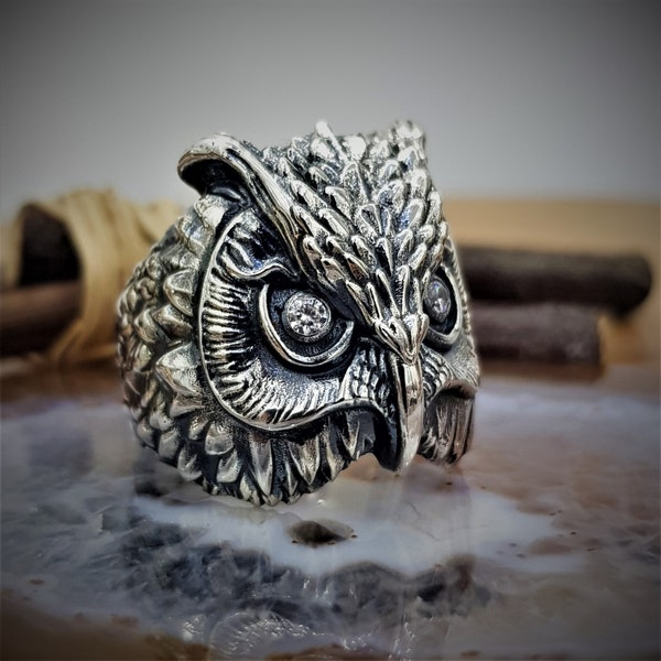Owl Ring,Owl Theme Handcrafted,Bird Ring,Night Owl,Owl, ,Cubic Zircon Ring With Eye Stone That Will Bring You Luck