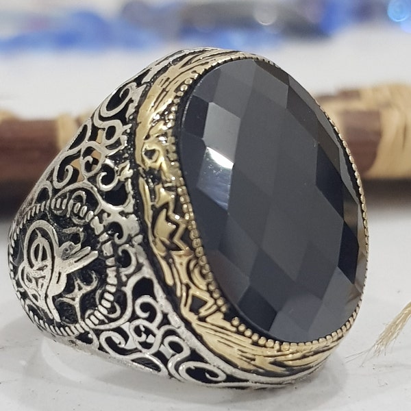 Mens Handmade Ring, Turkish Handmade Silver Men Ring, Ottoman Mens Ring, Onyx Men Ring, Gift for Him