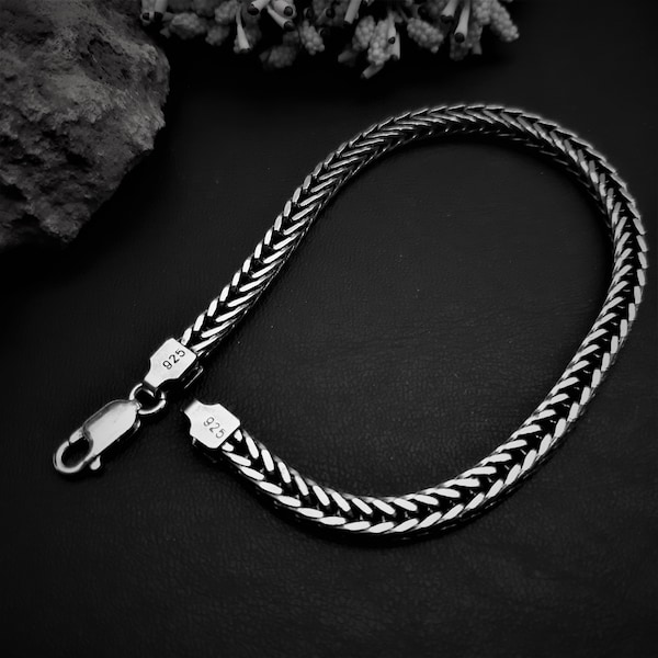 Foxtail Link Chain Bracelet,Thicknes 4.2 mm  Solid Sterling Silver Bracelet,Men's Women Unisex Bracelet Silver Diaomond Cut